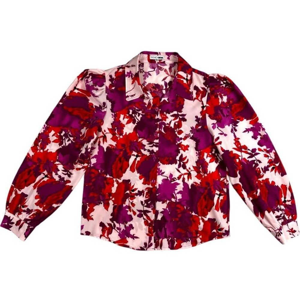 Fashion Nova Womens Floral Button-Up Blouse Pink Red & Purple Sz M